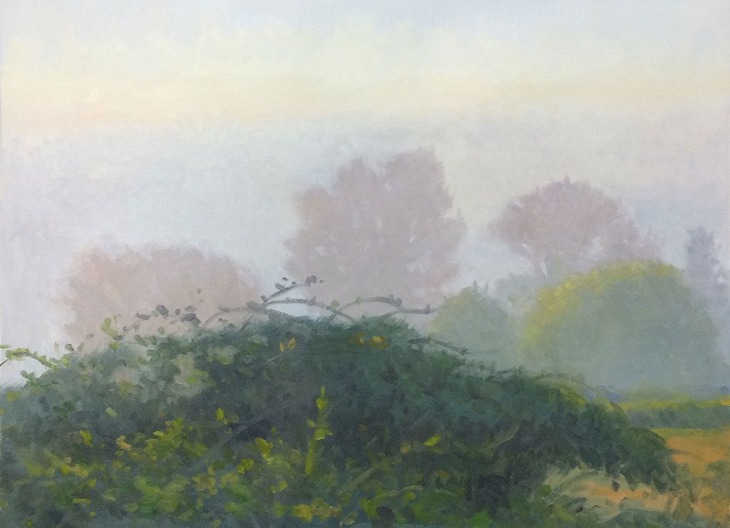 Morning Fog 2: Snohomish Valley, oil on prepared paper, 22 x 30 inches, copyright ©2014