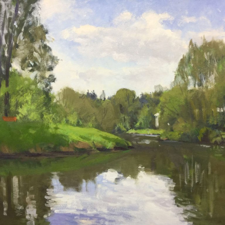 Samammish River At Bothell Landing, oil on canvas, 30 x40 inches, work-in-progress ©2017