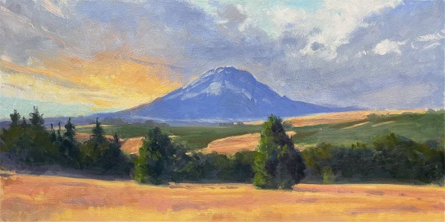 Mt. Adams From High Plain, oil on panel, 12 x 24 inches, copyright ©2022, $2,200