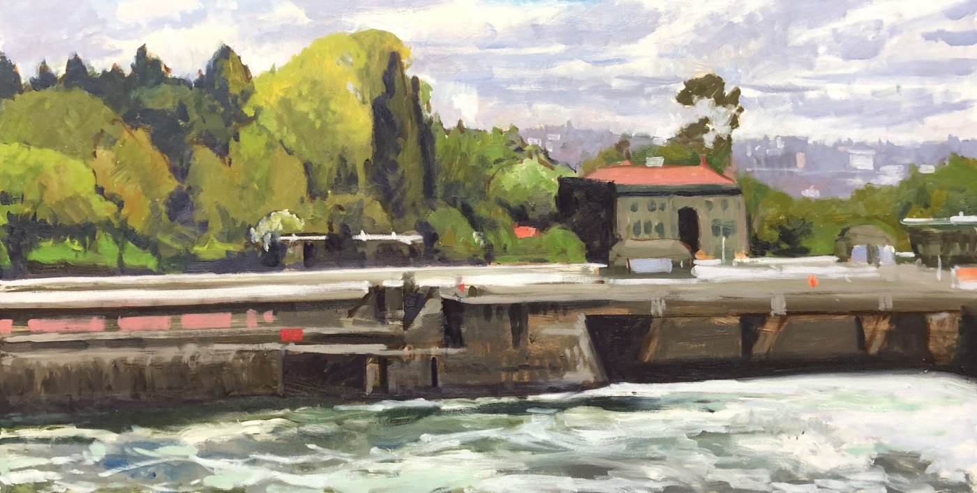 HIRAM CHITTENDEN LOCKS, oil on MDH panel, 18 x 36 inches, work in progress